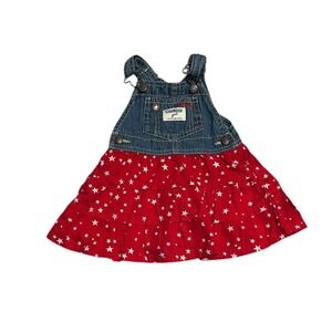 OshKosh B'gosh Infant‎ Denim Overall Dress Red White Star Print Size 12M Tiered